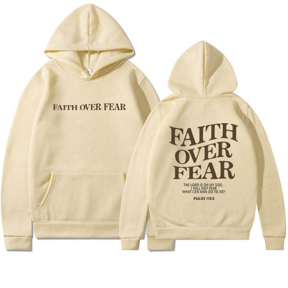 Faith Over Fear hoodie in beige with front and back scripture design from Holy Mango Store
