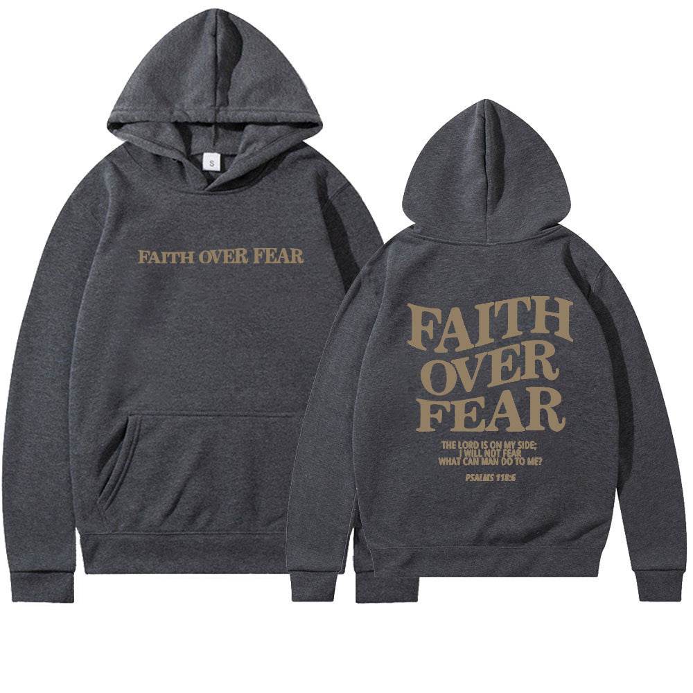 Dark gray Faith Over Fear hoodie with front and back text design from Holy Mango Store