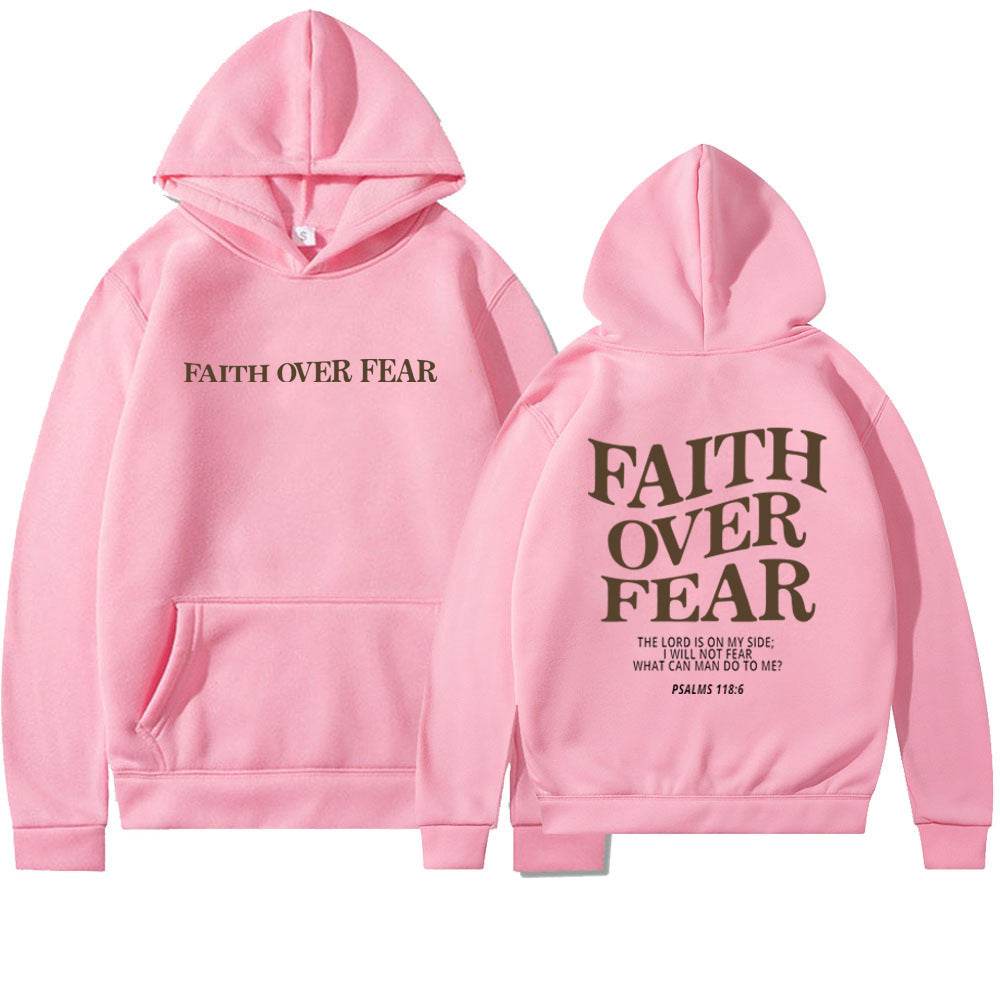 Holy Mango Store pink Faith Over Fear hoodie with front and back scripture design from Psalms