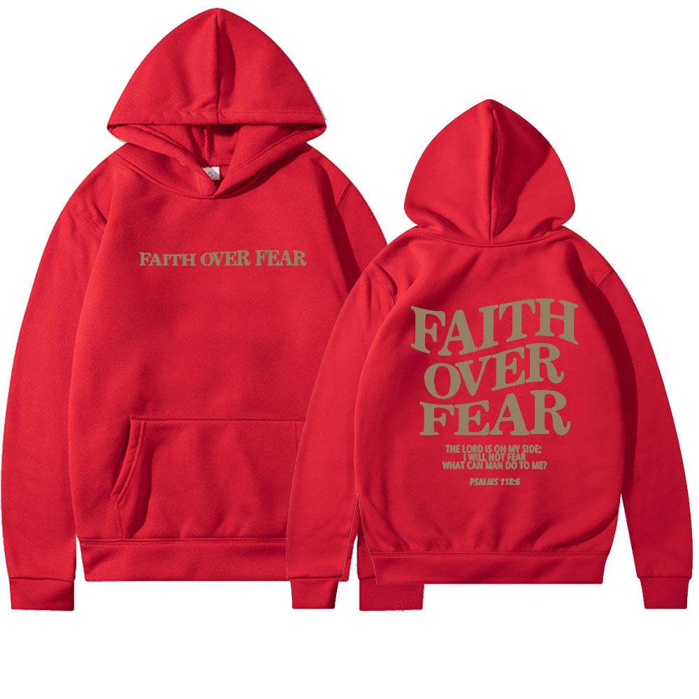 Red Faith Over Fear hoodie from Holy Mango Store with front and back scripture design