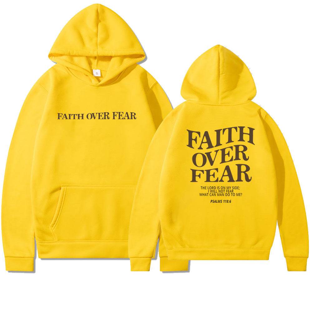 Yellow Faith Over Fear hoodie from Holy Mango Store with front and back scripture designs