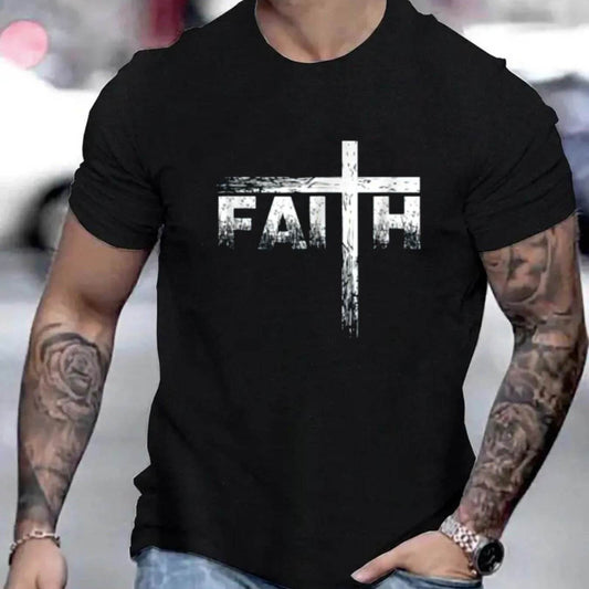 Black faith print t-shirt for men with white cross design on front from Holy Mango Store