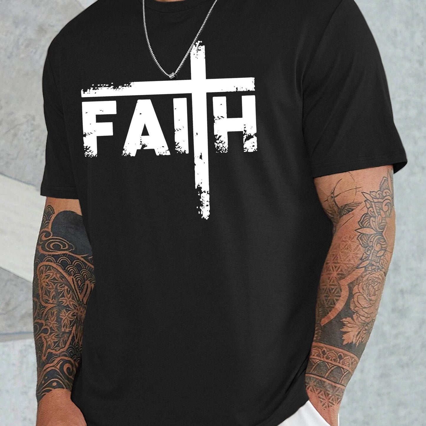 Black faith sports t shirt for men with white cross and FAITH text design