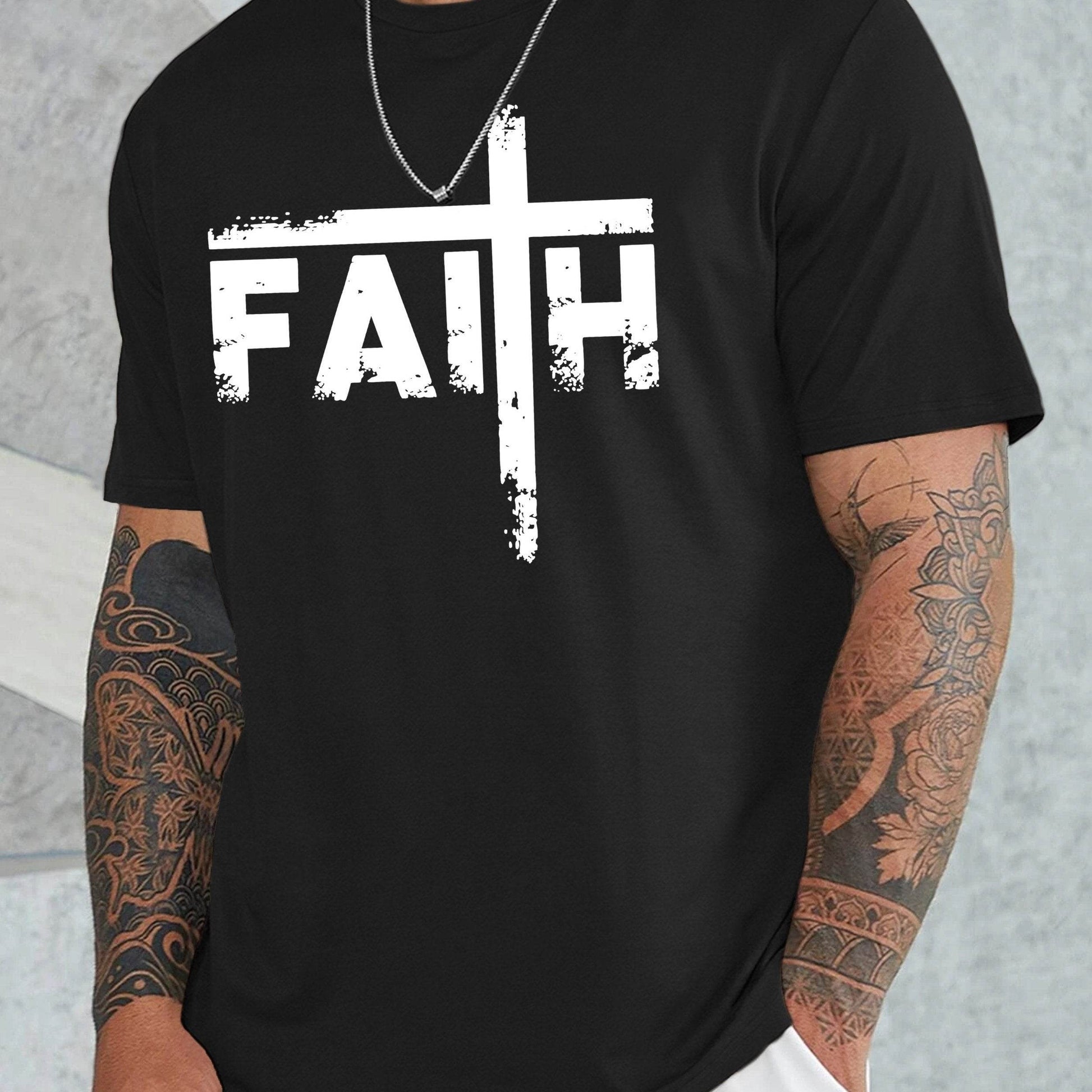 Black faith sports t shirt for men with white cross and FAITH text design