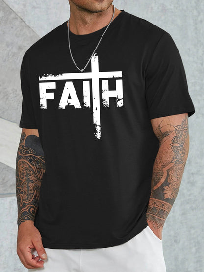 Black faith sports t shirt for men with white cross and bold faith text design