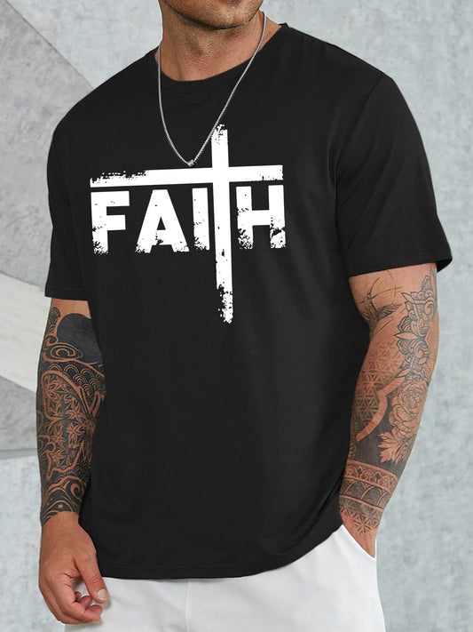 Black faith sports t shirt for men with white cross and bold faith text design