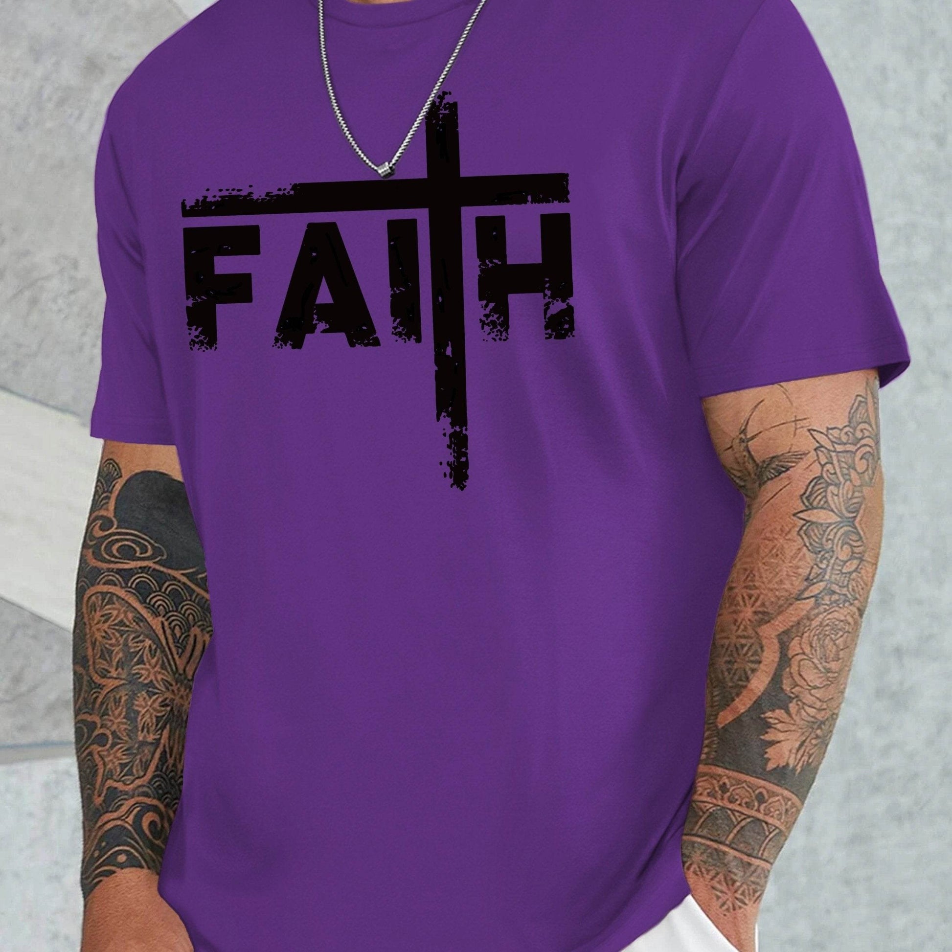 Purple faith sports t shirt for men with black cross design and bold lettering by Holy Mango Store