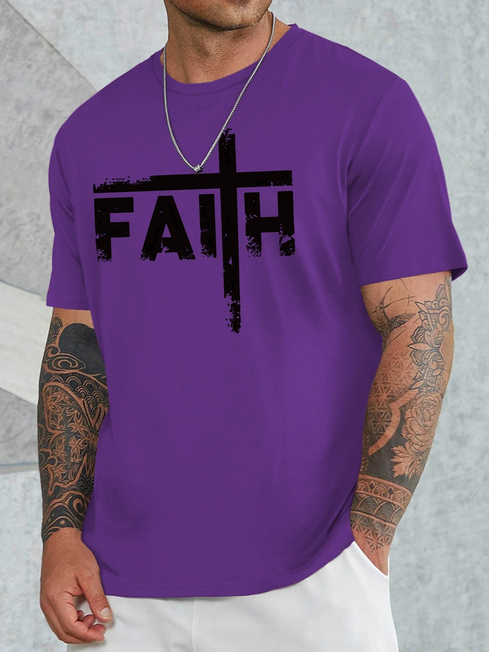 Purple faith sports t shirt for men with black cross design and bold lettering