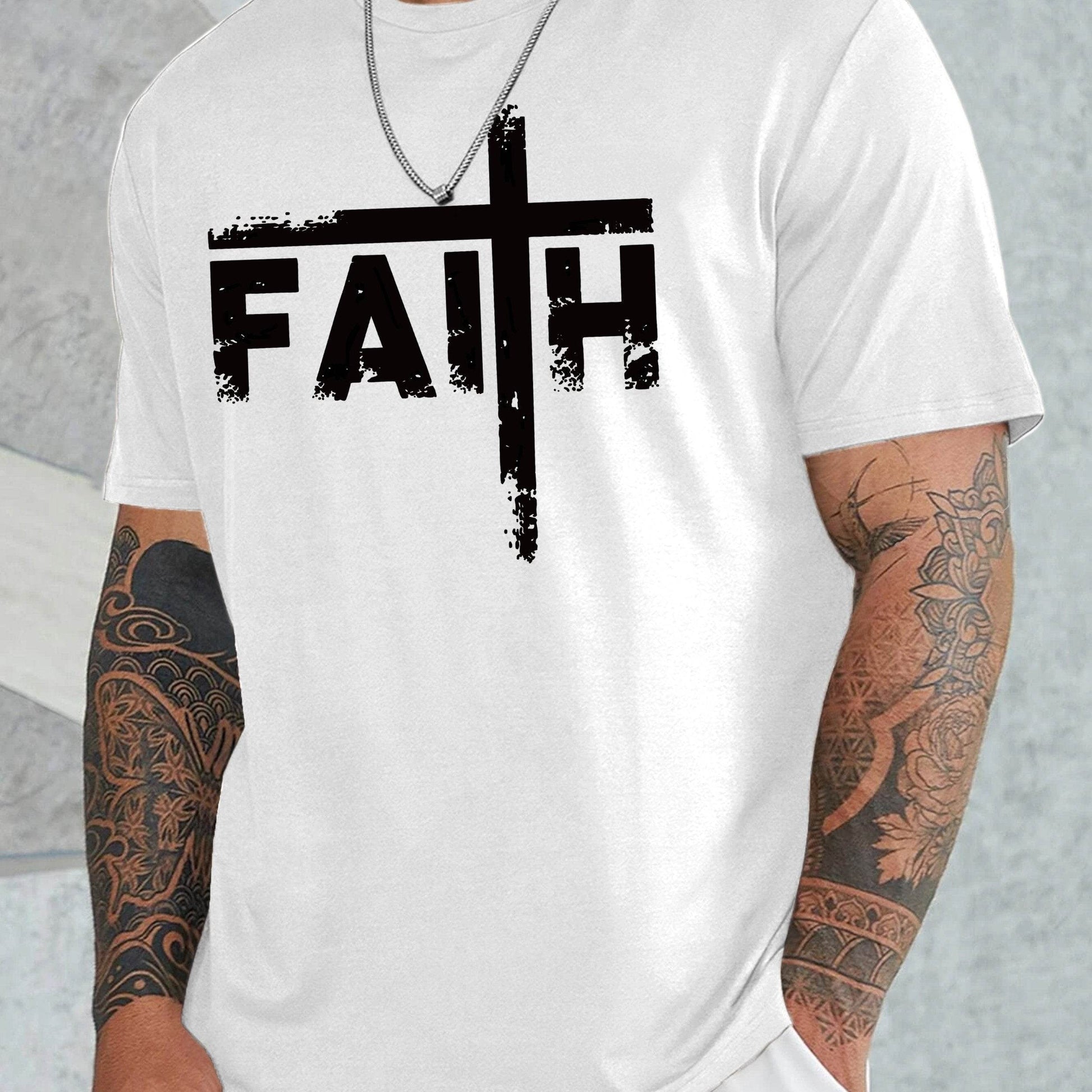White faith sports t shirt for men with black cross design worn by tattooed arms