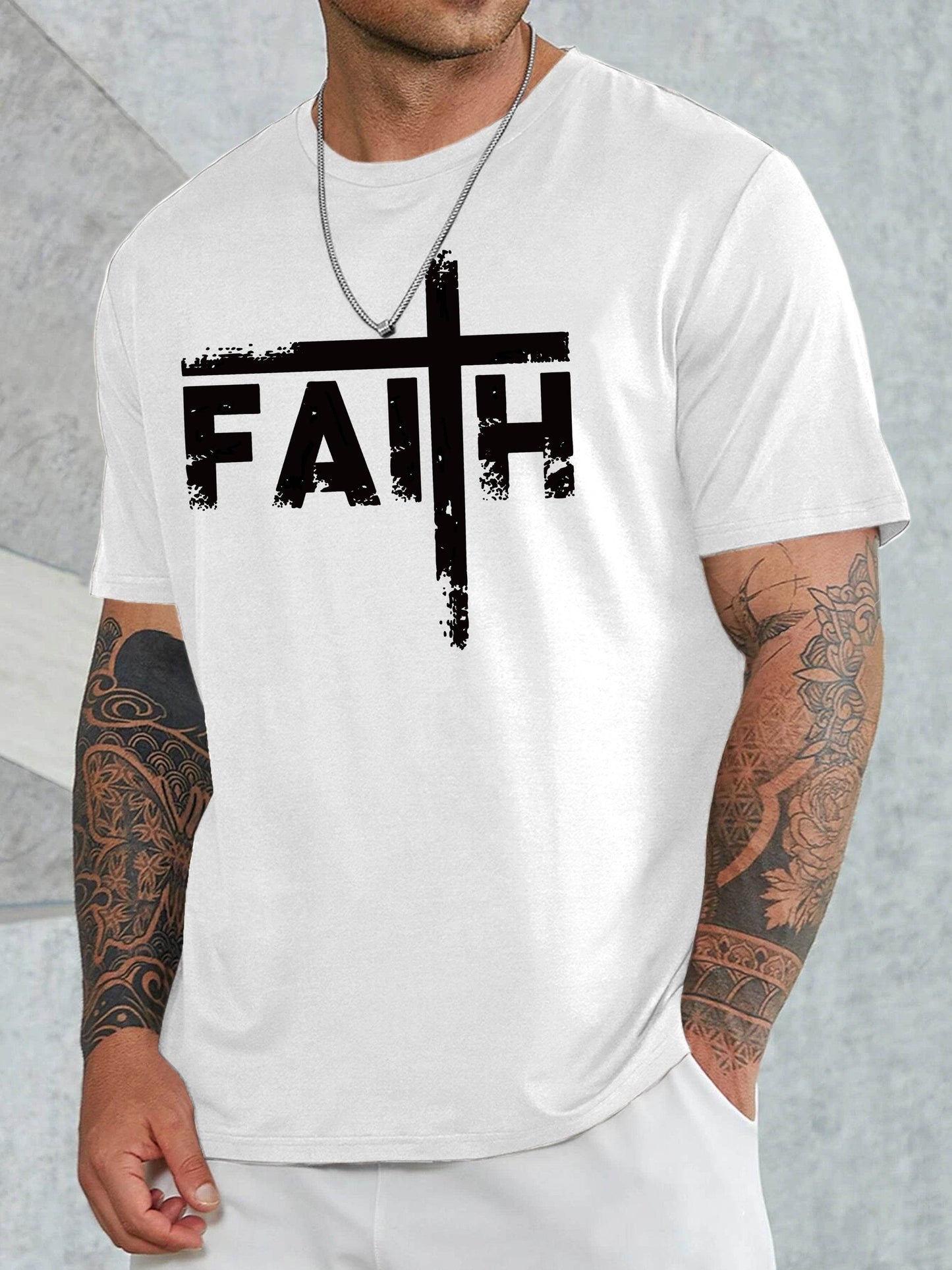 White faith sports t shirt for men with black cross design from Holy Mango Store