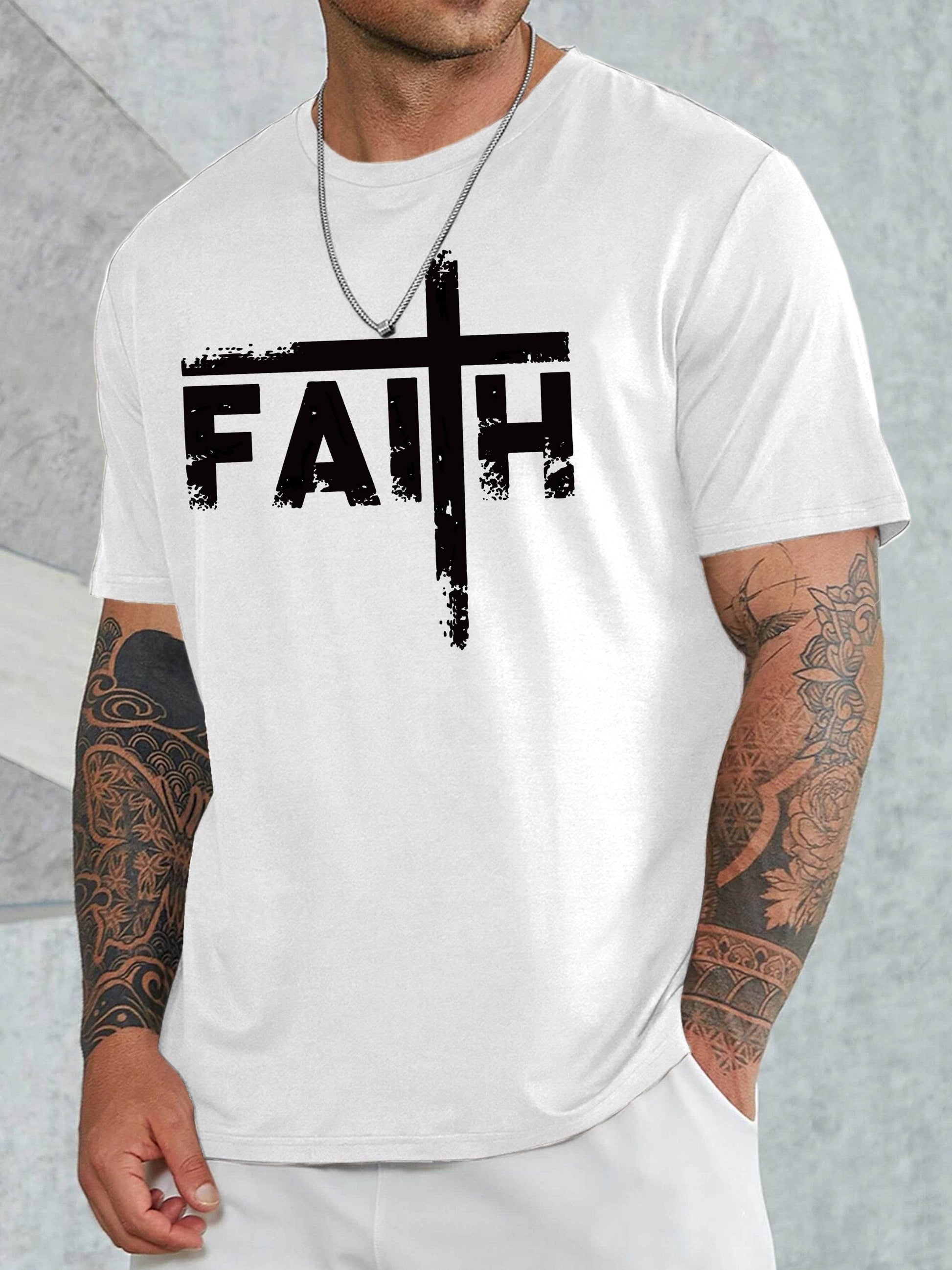 White faith sports t shirt for men with black cross design from Holy Mango Store