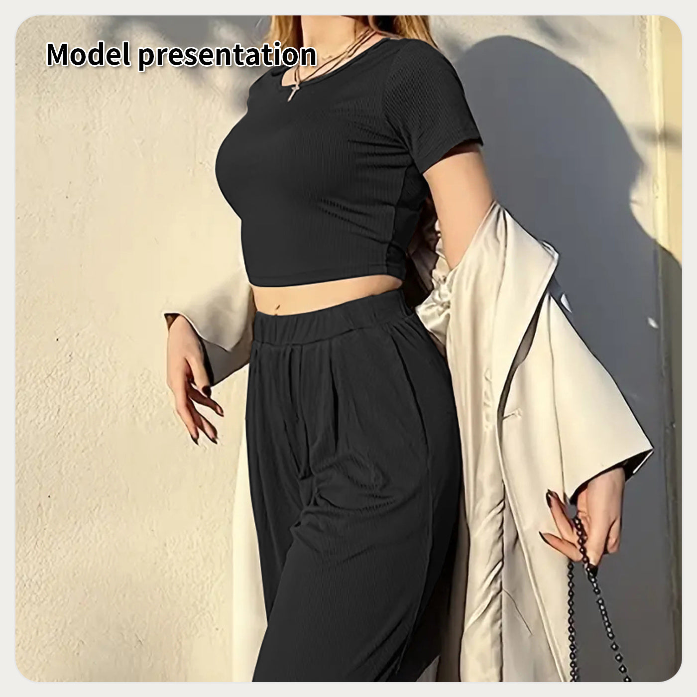 Women’s Minimalist Two-Piece Set – Solid Color Top & Pants