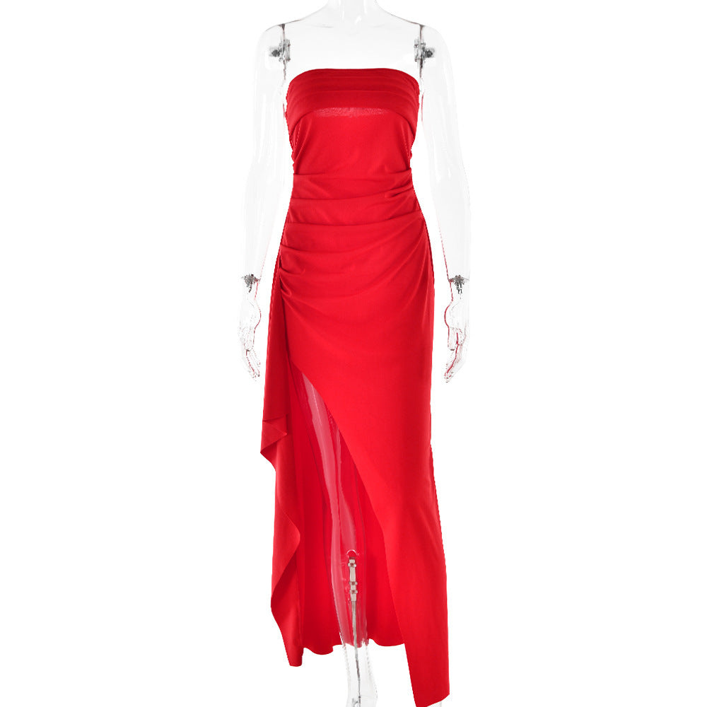 Strapless Split Pleated Maxi Dress