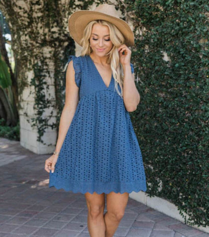 Lace Dresses With Pocket Summer Sleeveless Jacquard Cutout V-Neck Beach Dress - Holy Mango Store