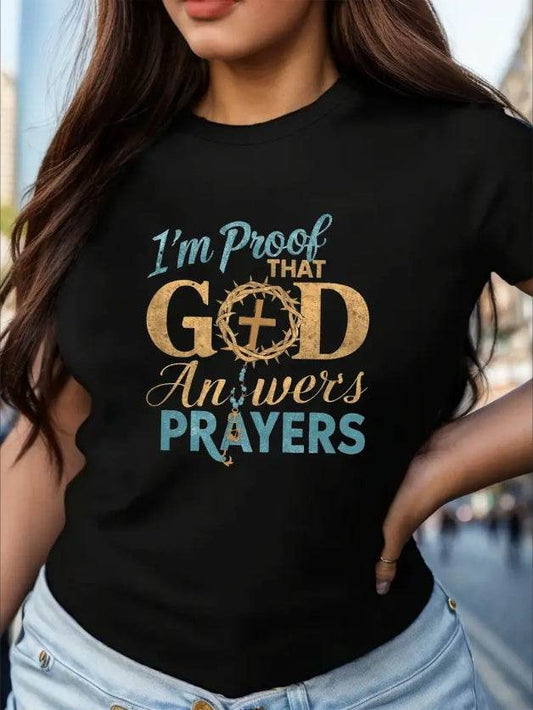 Black God Answers Prayers T-Shirt with religious text design and crown of thorns graphic