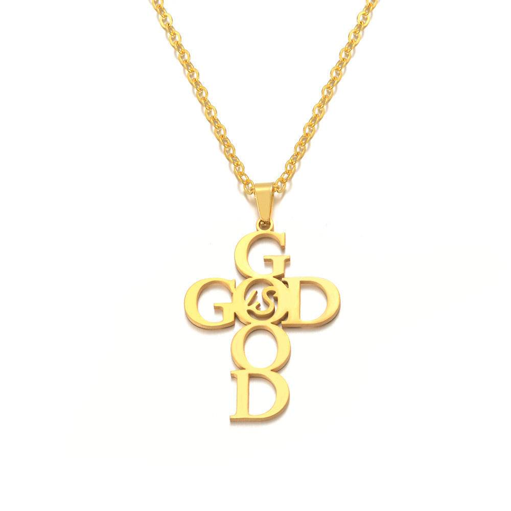 Holy Mango Store gold stainless steel cross necklace with GOD design for women accessories
