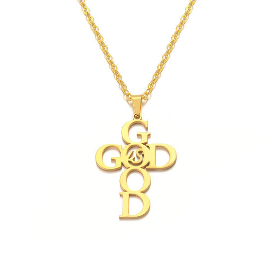 Gold stainless steel cross necklace with God design pendant from Holy Mango Store women's accessories