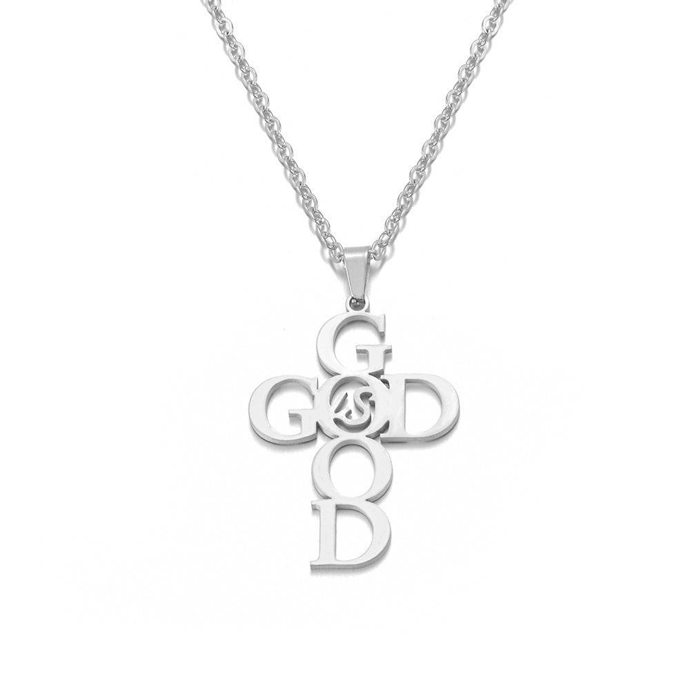 Holy Mango Store stainless steel cross necklace with God word design and chain for women
