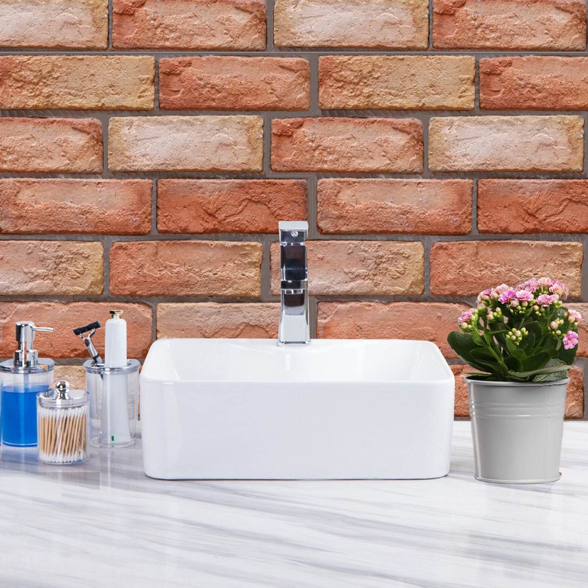 Holy Mango Store 3D brick wall decals for home behind white vessel sink with chrome faucet and potted flowers