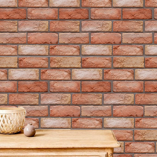 Holy Mango Store 3D brick wall decals for home in red brown brick pattern behind wooden shelf with basket