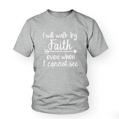 Gray t-shirt from Holy Mango Store with inspirational bible verse apparel message I will walk by faith