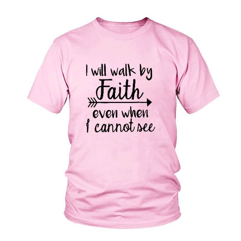 Pink inspirational bible verse apparel t-shirt with I will walk by faith quote from Holy Mango Store