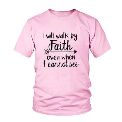 Pink inspirational bible verse apparel t-shirt with I will walk by faith quote from Holy Mango Store