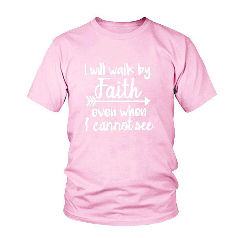 Pink inspirational bible verse apparel t-shirt with white faith quote from Holy Mango Store