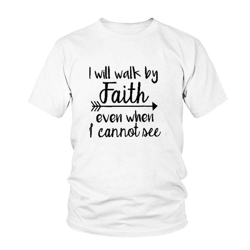 White t-shirt from Holy Mango Store with inspirational bible verse apparel text I will walk by faith