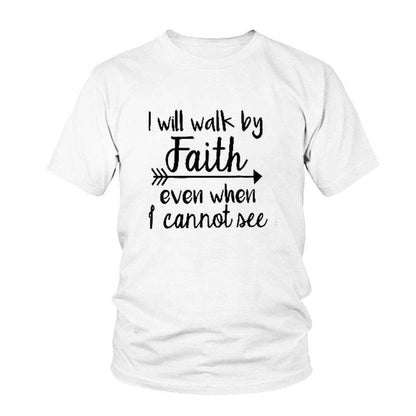 White t-shirt from Holy Mango Store with inspirational bible verse apparel text I will walk by faith