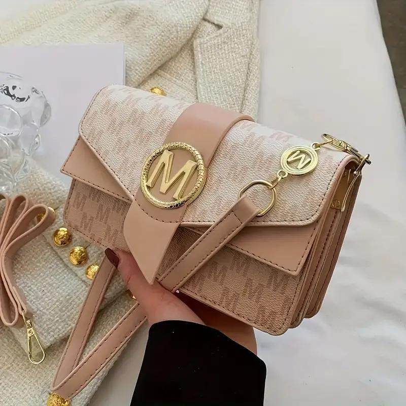 Holy Mango Store beige blush small crossbody purse for everyday use textured monogram fabric gold M hardware detachable strap