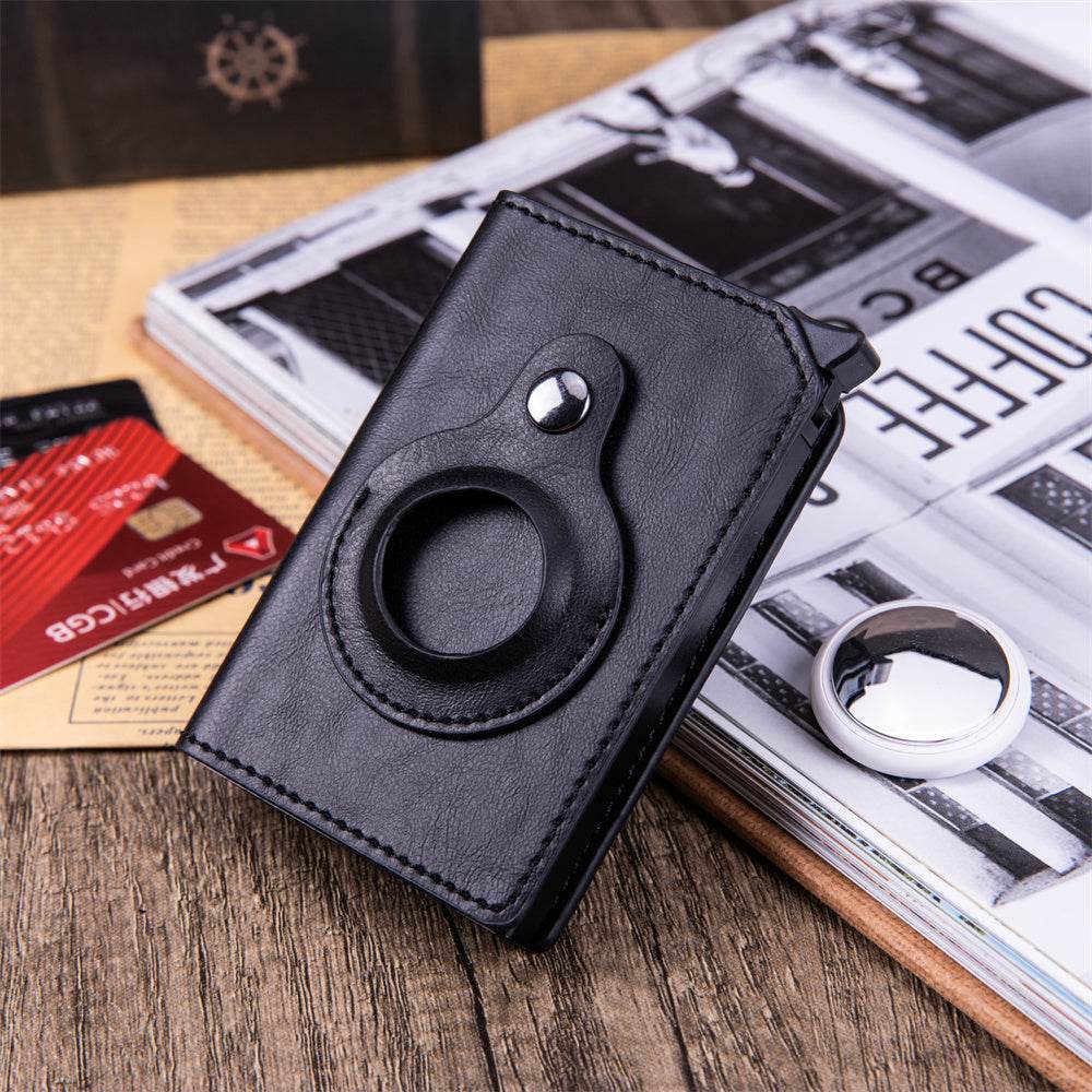 Holy Mango Store black men's anti-theft card holder with circular ring on wooden surface