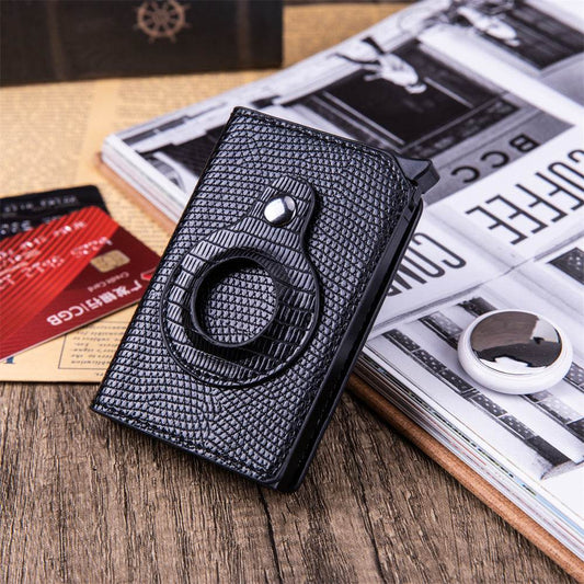 Black men's anti-theft card holder with textured surface and ring grip from Holy Mango Store