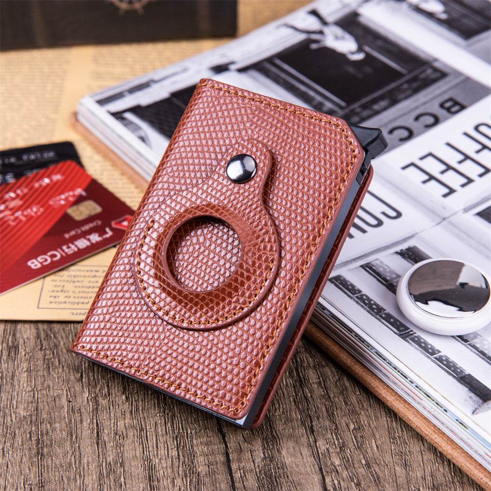 Holy Mango Store men's anti-theft card holder in brown textured leather with secure button closure