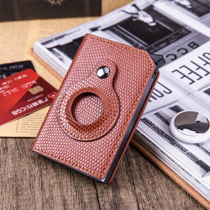 Holy Mango Store men's anti-theft card holder in brown textured leather with secure button closure