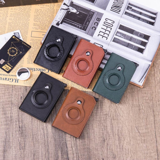 Holy Mango Store men's anti-theft card holder in black brown green and tan leather on wooden surface