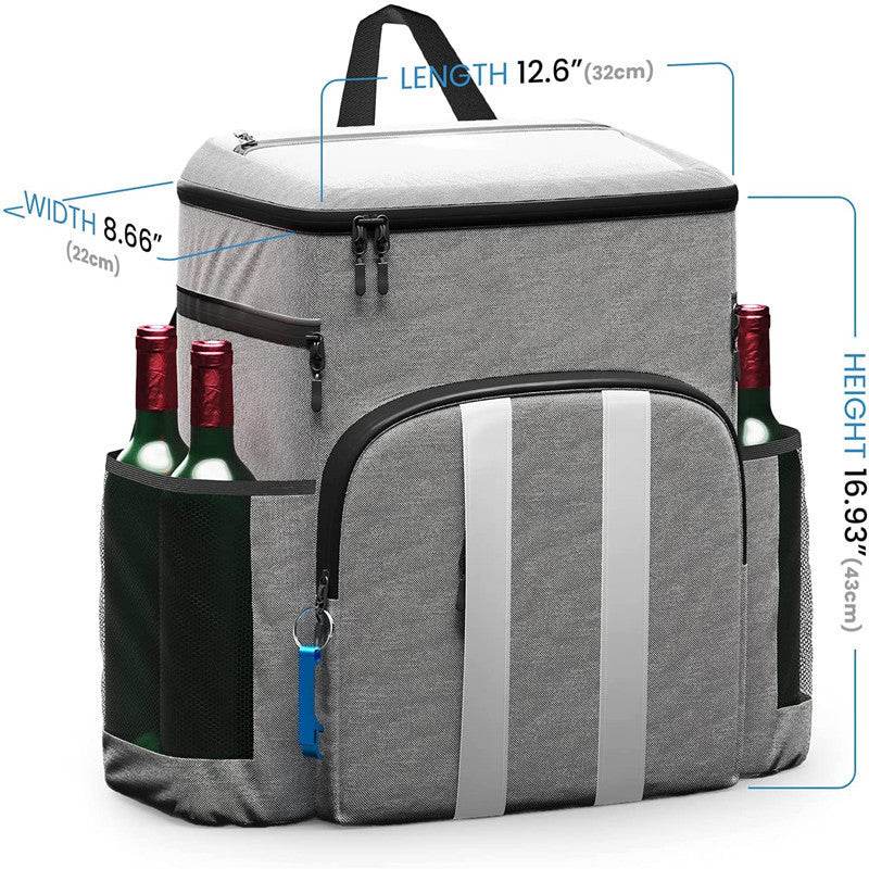 Holy Mango Store large insulated backpack cooler in gray with side bottle pockets and front zip pocket