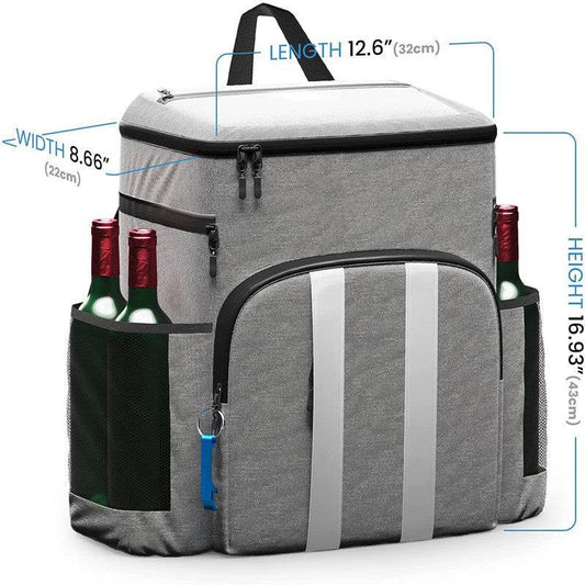 Holy Mango Store large insulated backpack cooler in gray with side bottle pockets and front zip pocket