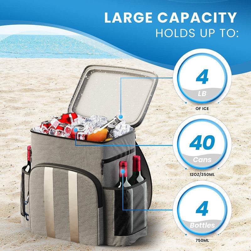 Holy Mango Store large insulated backpack cooler on beach open with ice sodas and wine bottles visible
