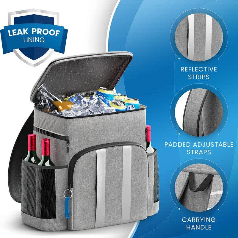 Holy Mango Store large insulated backpack cooler gray open with ice and cans wine bottle side pockets reflective strips