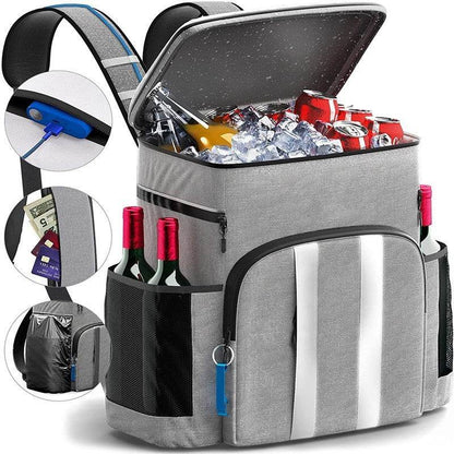 Holy Mango Store large insulated backpack cooler in gray with multiple pockets side bottle holders and USB port