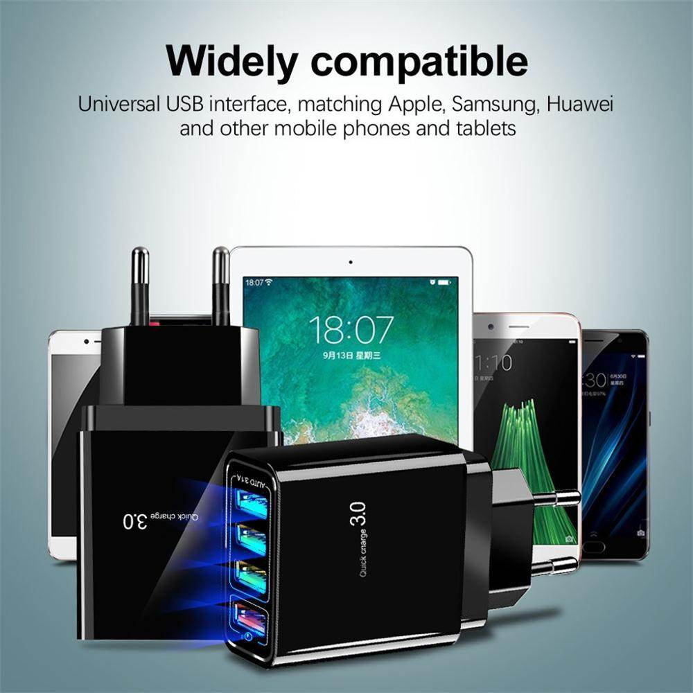 Holy Mango Store black 4 port USB wall charger with blue lit ports and universal device compatibility