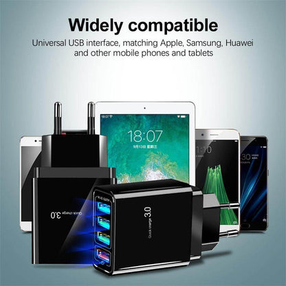 Holy Mango Store black 4 port USB wall charger with blue lit ports and universal device compatibility