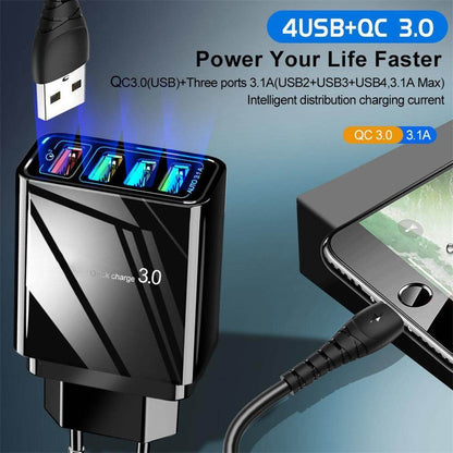 Holy Mango Store 4 port USB wall charger black with QC3 0 quick charge and blue illuminated ports