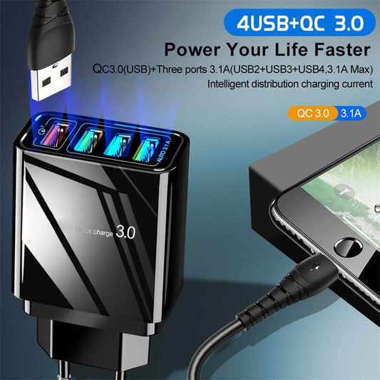 Holy Mango Store 4 port USB wall charger black with QC3 0 quick charge and blue illuminated ports