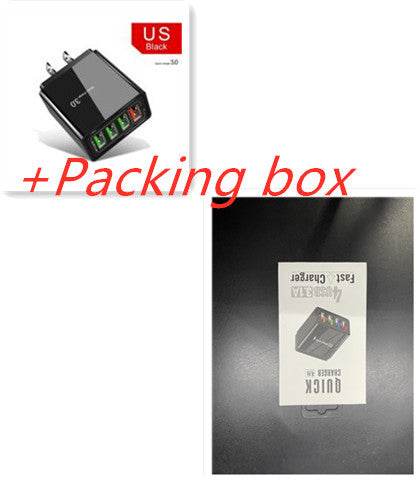 Holy Mango Store black 4 port USB wall charger with colored fast charge ports and US plug with packaging box