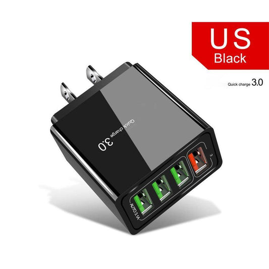 Holy Mango Store black 4 port USB wall charger with Quick Charge 3.0 US plug and color coded ports