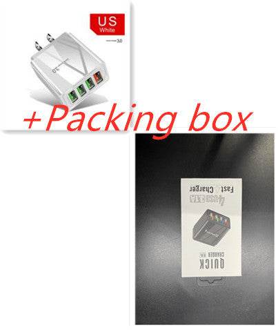 Holy Mango Store US plug 4 port USB wall charger in white with four color coded ports and included packing box for travel