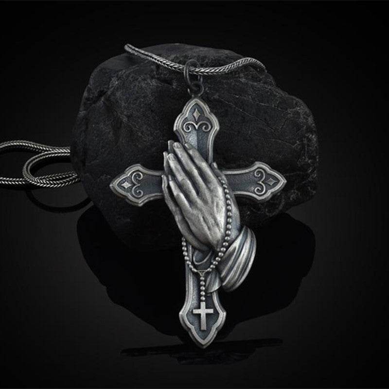 Rugged christian pendant men featuring praying hands and cross design on metal necklace