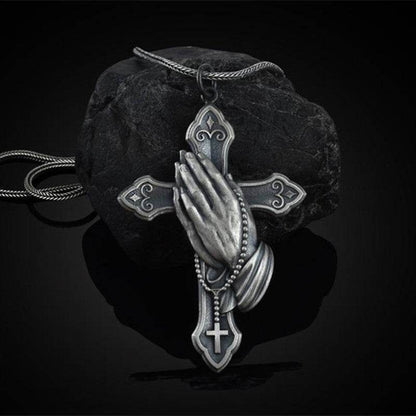 Rugged christian pendant men featuring praying hands and cross design on metal necklace